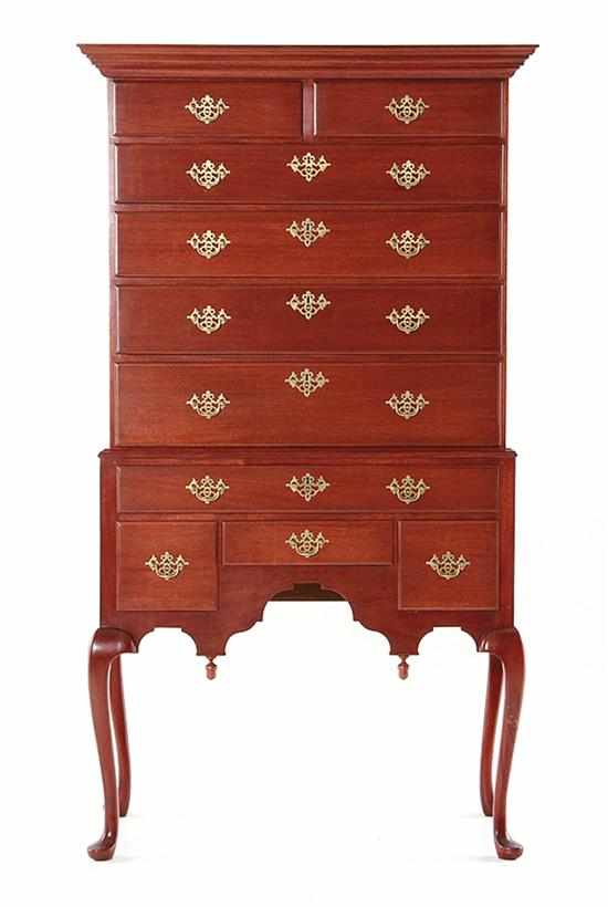 Appraisal: Queen Anne style mahogany highboy by Shamburgers Reproductions rectangular molded