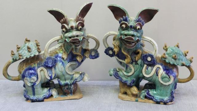 Appraisal: Pair of Antique Vintage Chinese Foo Dogs Glazed terracotta Possibly