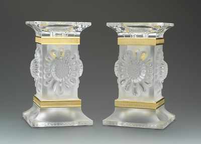 Appraisal: A Pair of Lalique Glass Candlesticks Moulded glass candlesticks in