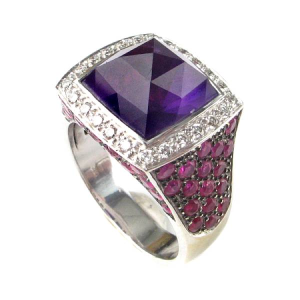 Appraisal: A pyramid-cut amethyst diamond ruby and k white gold ring