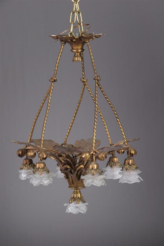 Appraisal: FRENCH ART NOUVEAU EIGHT-LIGHT GILT BRONZE CHANDELIER signed Soleau Paris