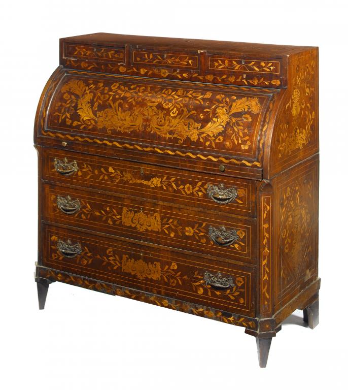 Appraisal: A DUTCH WALNUT AND FLORAL MARQUETRY CYLINDER BUREAU the low