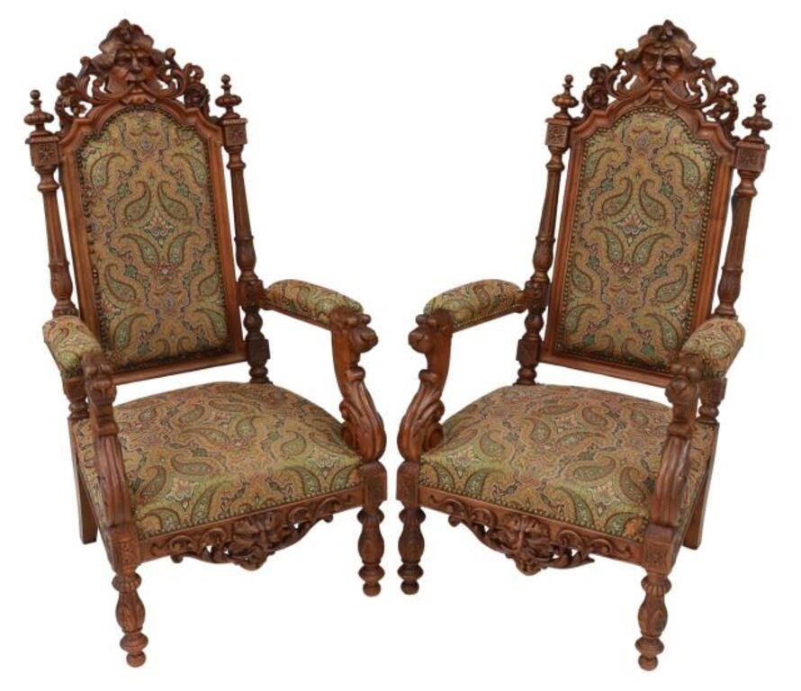 Appraisal: pair French Renaissance Revival style mahogany armchairs th c carved