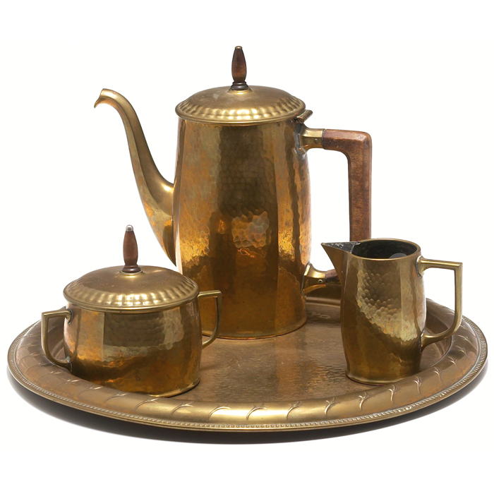 Appraisal: WMF tea service tray teapot creamer and sugar hammered copper