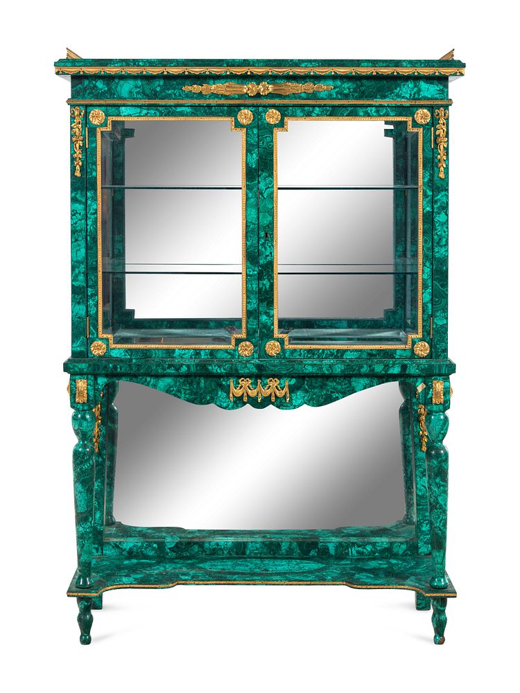 Appraisal: A Louis XVI Style Malachite Veneered Vitrine Cabinet A Louis