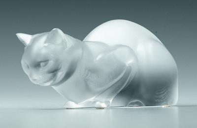 Appraisal: Lalique cat Chat Couche frosted and clear glass base etched