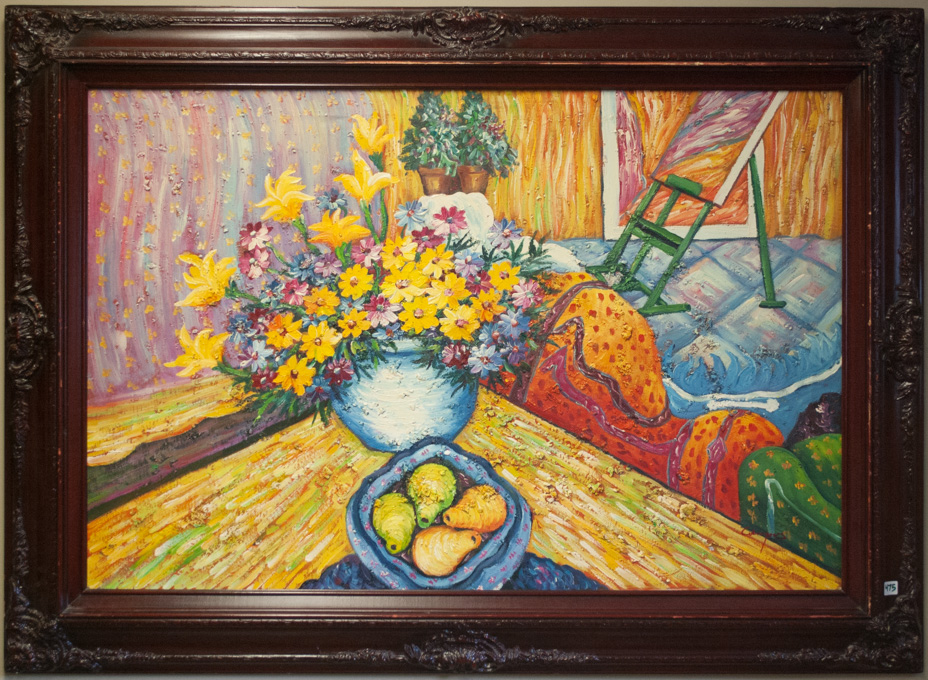 Appraisal: OIL ON CANVAS interior scene with flowers and fruit Image