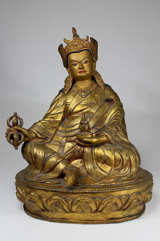 Appraisal: Large Tibetan Gilt Bronze Figure of Padmasambhava Large Antique Tibetan