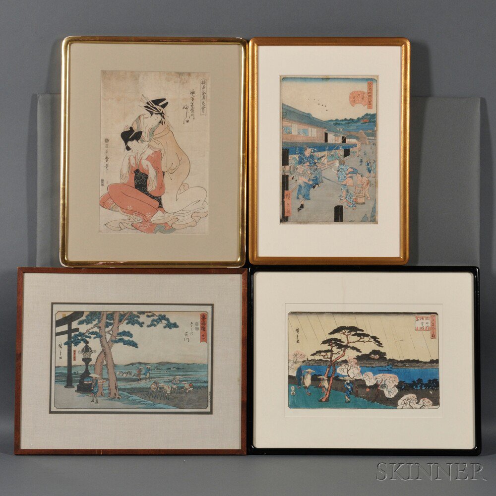 Appraisal: Seven Woodblock Prints Japan th century three Ando Hiroshige landscapes