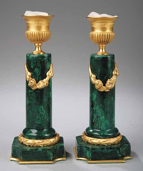 Appraisal: A Pair of Empire-Style Gilt Bronze-Mounted Malachite Columnar Candlesticks th