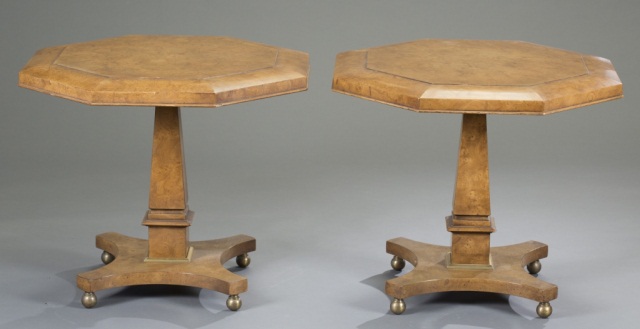 Appraisal: Pair of Burl Mastercraft Side Tables Brass feet H x