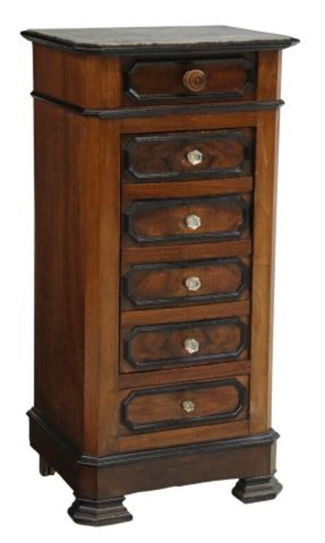 Appraisal: French marble-top nightstand th c accented with ebonized trim burlwood