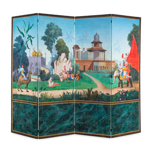 Appraisal: A French Scenic Wallpaper Four-Panel Screen th Century Height x