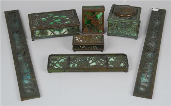 Appraisal: TIFFANY STUDIOS SIX PIECE PATINATED BRONZE AND GREEN OPALESCENT GLASS