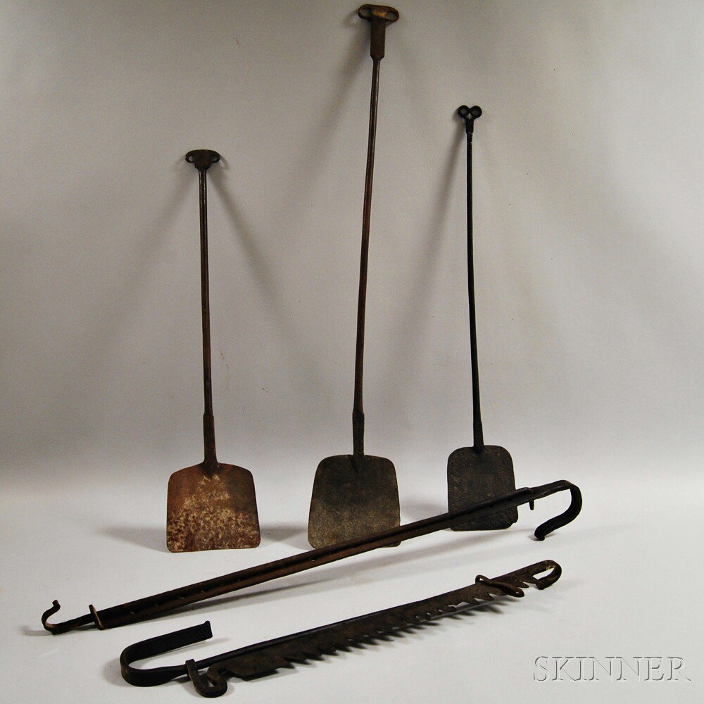 Appraisal: Two Wrought Iron Adjustable Trammels and Three Peels with Ram's