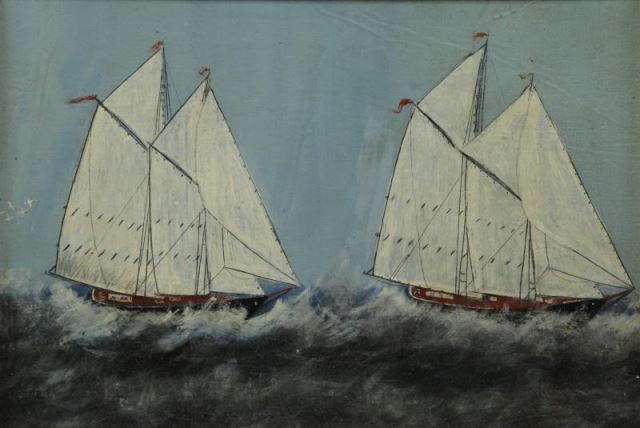 Appraisal: Primitive th C Oil on Canvas Ships on theRough Sea