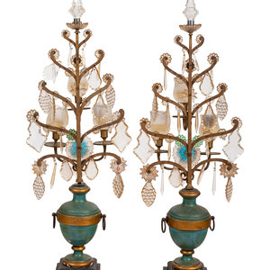 Appraisal: A Pair of Italian Painted Wood and Glass Three-Light Candelabra