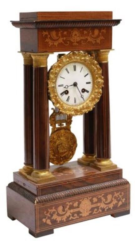 Appraisal: French striking portico clock late th c marquetry case four