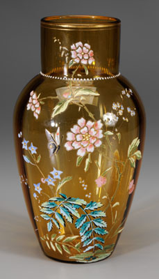 Appraisal: Enameled glass vase finely decorated with ferns flowers and butterflies