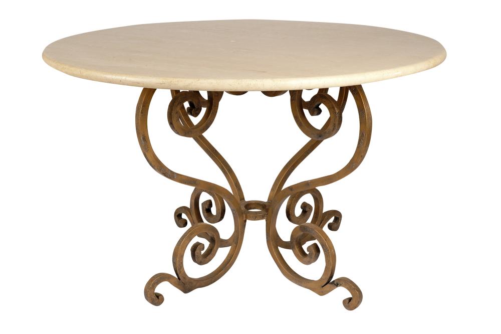 Appraisal: ROUND TRAVERTINE IRON DINING TABLEProvenance The Estate of Valerie Franklin