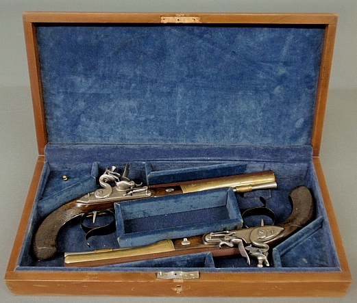 Appraisal: - Fine pair of cased reproduction flintlock dueling pistols by