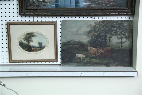 Appraisal: TWO COW PAINTINGS Both unsigned Small framed oval pasture scene