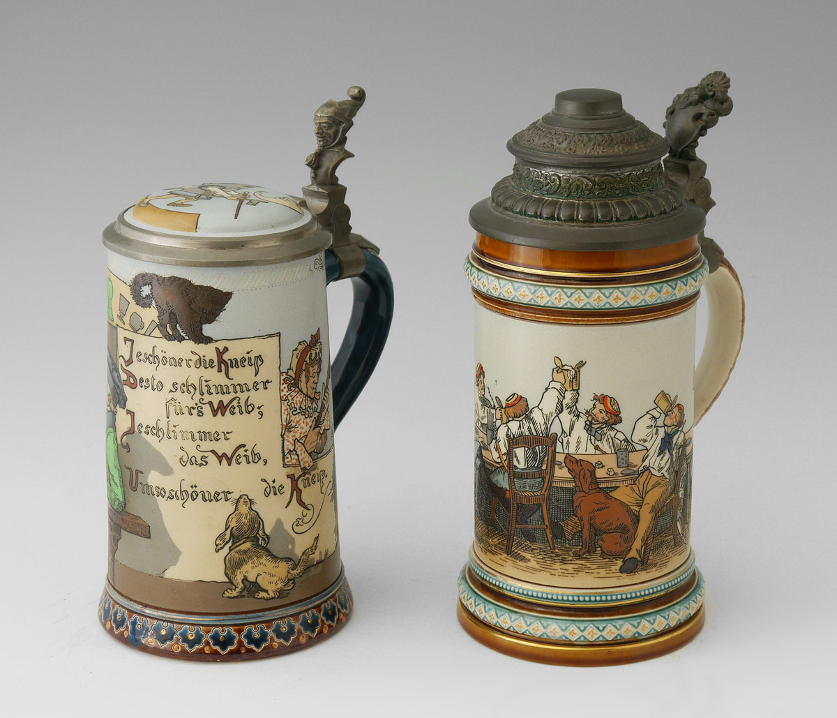 Appraisal: METTLACH STEINS steins total to include etched club stein gambling