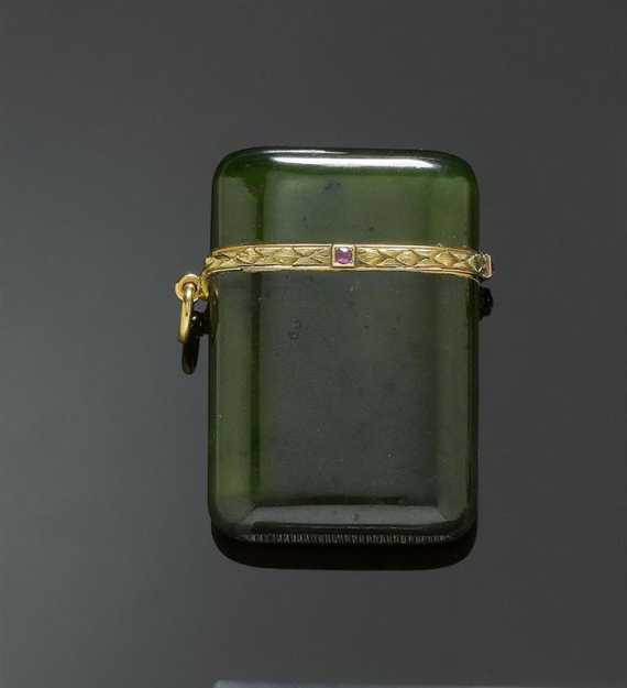 Appraisal: NEPHRITE AND GOLD MATCH CASE WARTSKI London ca Yellow and