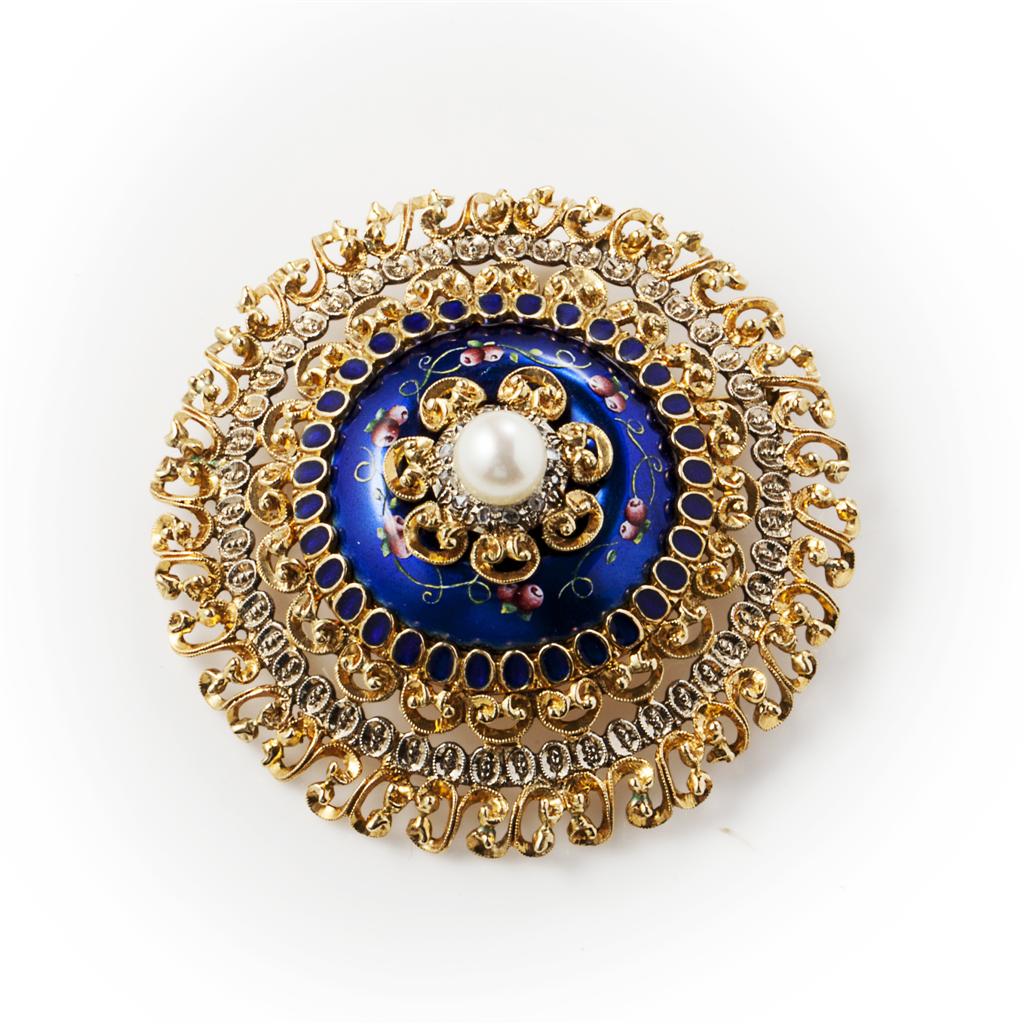 Appraisal: An enamel diamond and pearl set brooch of circular outline