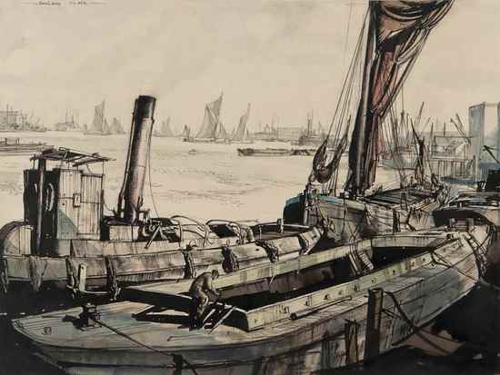 Appraisal: Rowland Hilder OBE PRI - Shipping on the Thames watercolour