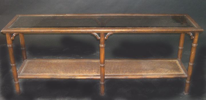 Appraisal: Contemporary Oak and Beveled Glass Sofa Table the rectangular glass