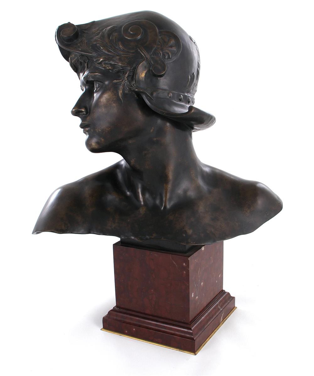 Appraisal: Emmanuel Hannaux French - BUST OF A WARRIOR bronze with