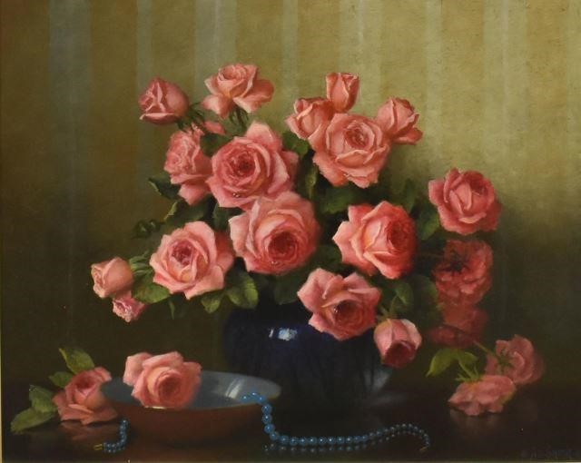 Appraisal: Framed oil on canvas painting Still Life with Pink Roses