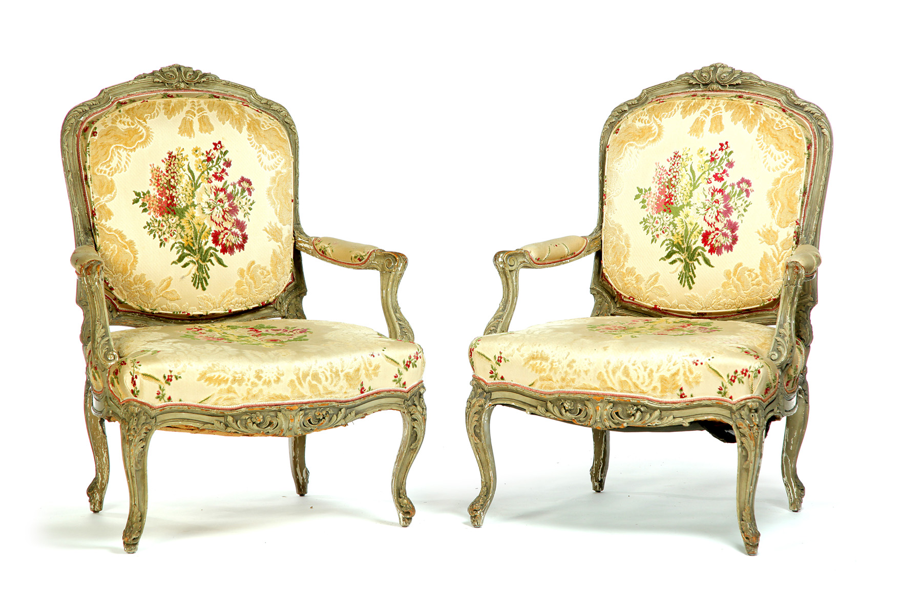 Appraisal: PAIR OF FRENCH LOUIS XV ARMCHAIRS Nineteenth century softwood Carved