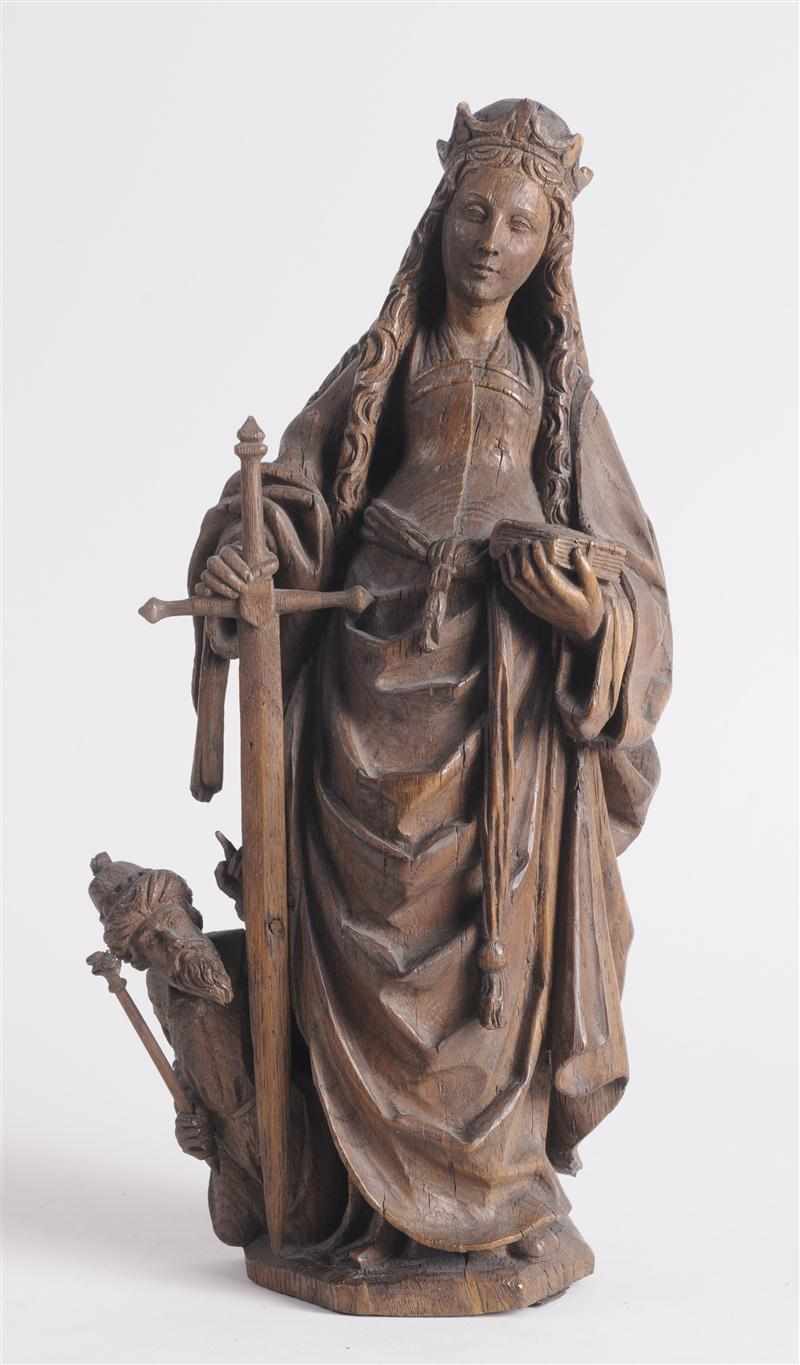 Appraisal: GERMAN CARVED OAK FIGURE OF ST CATHERINE Wearing a crown