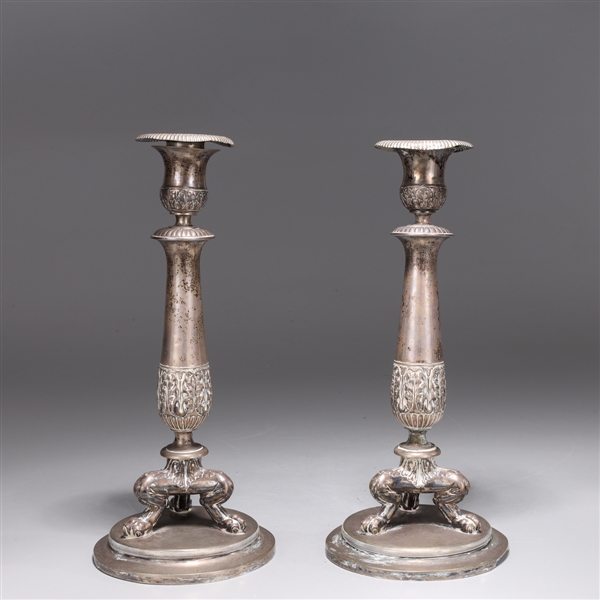 Appraisal: Pair of antique silver plated candlesticks each marked GM as-is