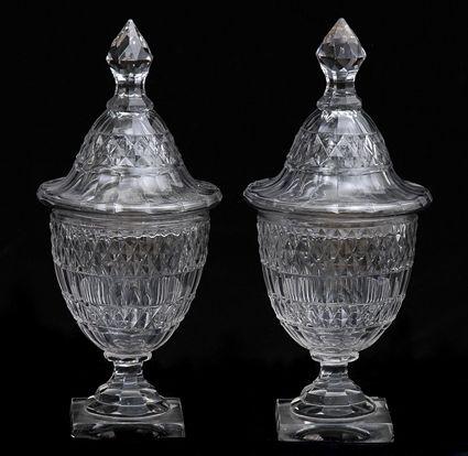 Appraisal: PAIR OF GEORGE III CUT-GLASS JARS AND COVERS Each ovoid