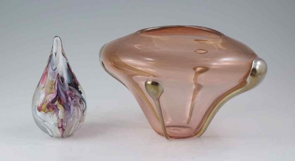 Appraisal: ART GLASS VASE and PAPERWEIGHT To include Rose colored freeform