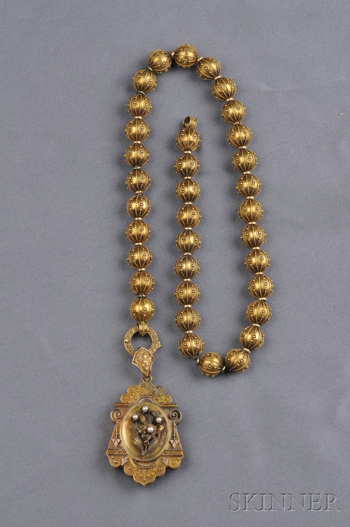 Appraisal: Etruscan Revival Gold Bead Necklace and Pendant the necklace composed