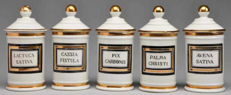 Appraisal: Lot of Gilded Porcelain Apothecary Jars Description Matching set of