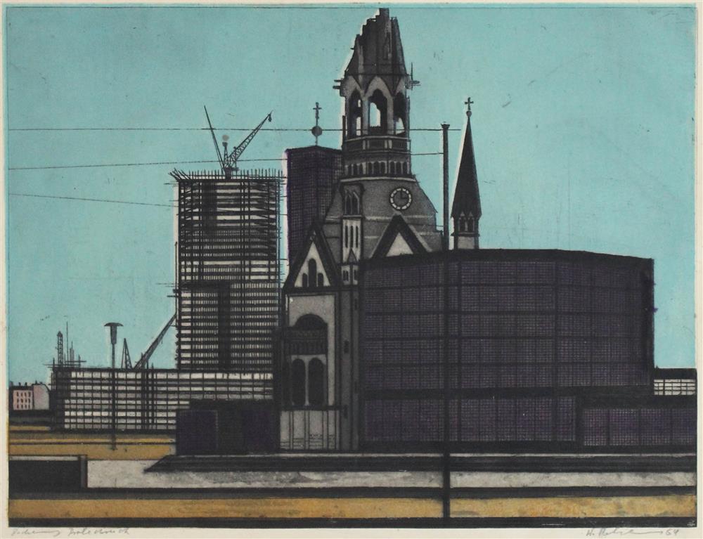 Appraisal: HANS BEHRENS - CITYSCAPE OF CHURCH AND CONSTRUCTION Etching in