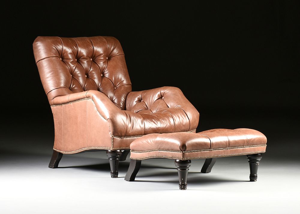 Appraisal: A CHESTERFIELD BROWN TUFTED LEATHER READING CHAIR AND OTTOMAN TH