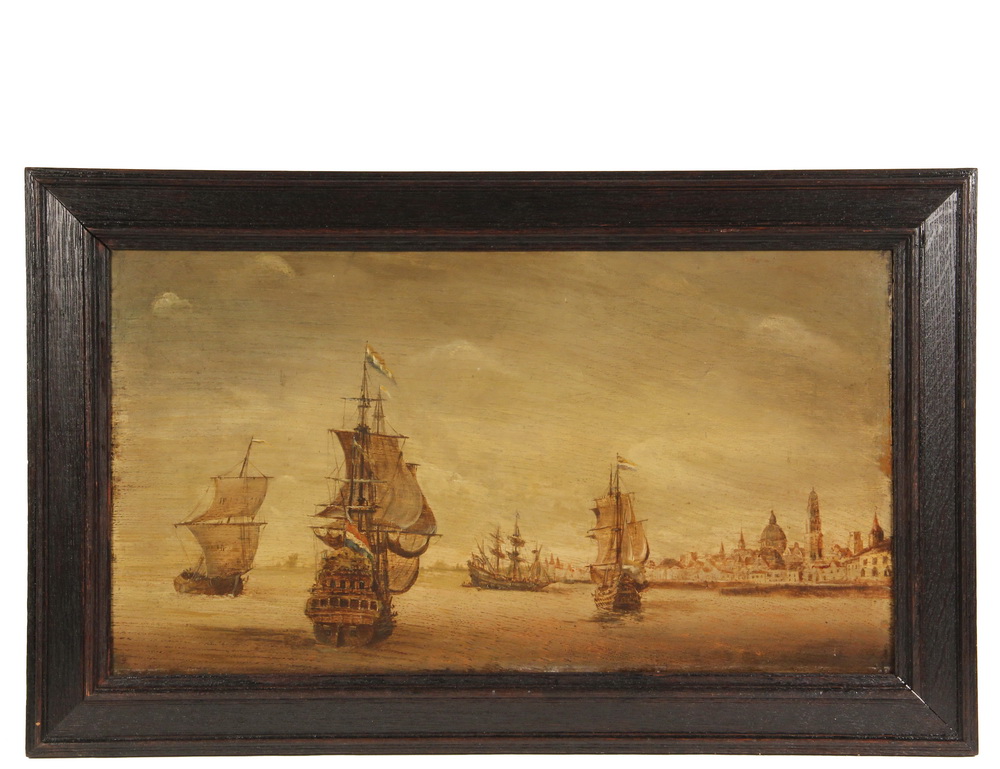 Appraisal: TH C DUTCH SCHOOL - Warships Approaching Amsterdam oil on