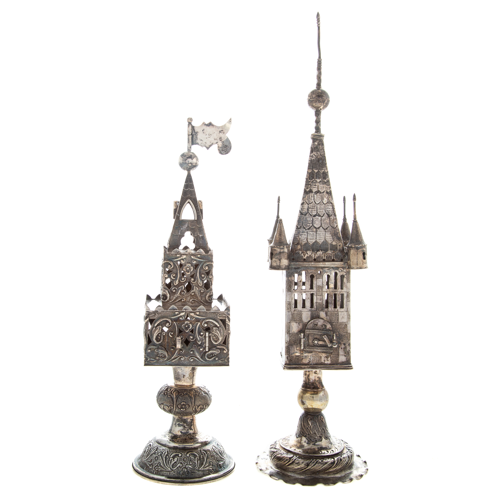 Appraisal: TWO JUDAICA SILVER SPICE TOWERS BESAMIN One German with Nuremburg