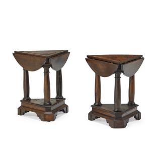 Appraisal: PAIR OF ROUND CRICKET TABLES Drop leaf sides on triple