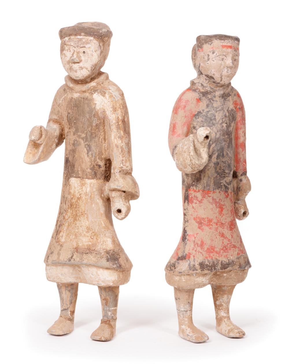 Appraisal: Two Large Chinese Painted Pottery Soldiers probably Han Dynasty BCE-