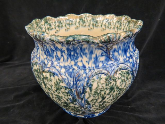 Appraisal: Spongeware Pottery Jardiniere blue green with gold trim circa excellent