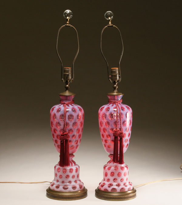 Appraisal: Pair Victorian cranberry glass coin spot table lamps metal base