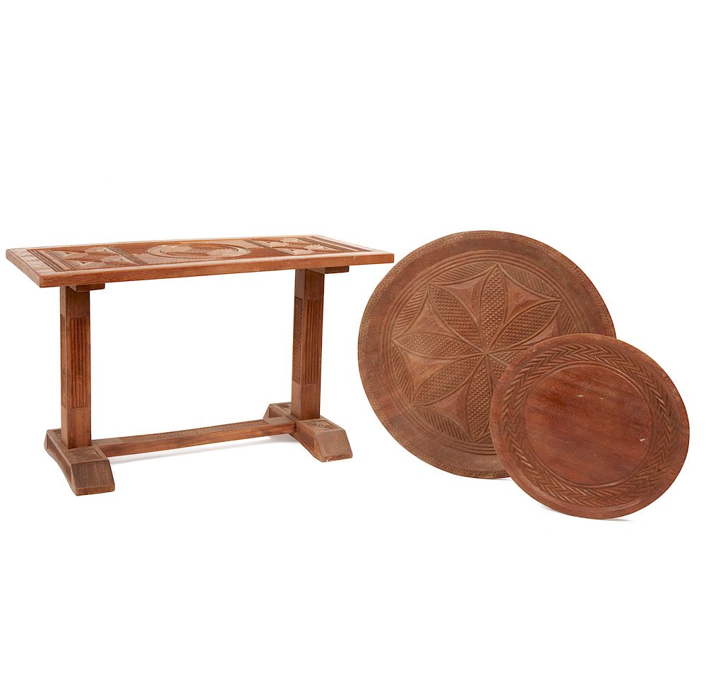 Appraisal: African Wood Table and Plates African small carved wood table