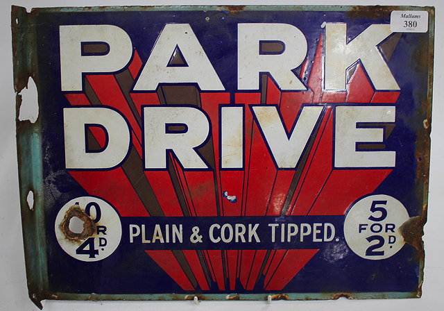 Appraisal: AN OLD ENAMEL 'PARK DRIVE' CIGARETTE ADVERTISING SIGN cm wide